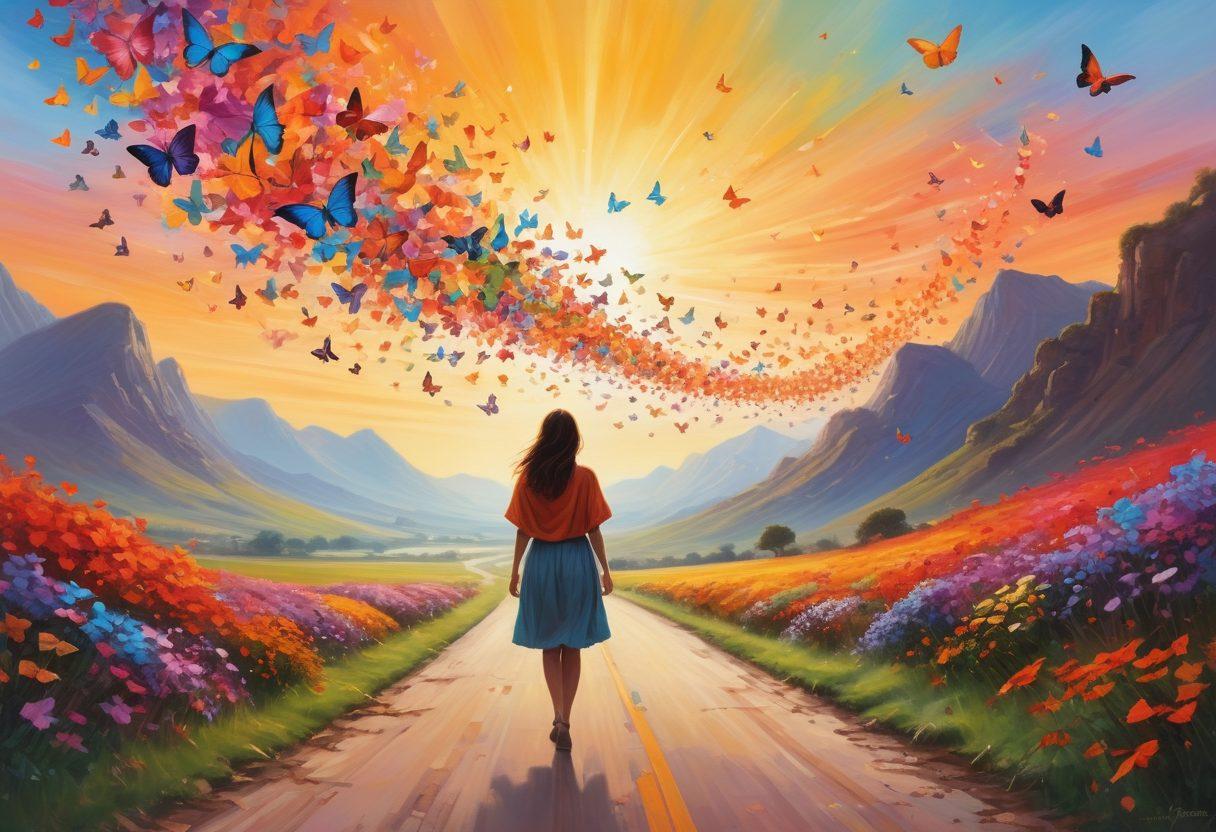 A surreal landscape depicting a person joyfully embracing a cascade of colorful butterflies, representing delighted moments. In the background, a road stretches towards a bright horizon symbolizing transformation, with subtle hints of 8xy service icons blending into nature. Soft, warm lighting enhances the scene, creating an inviting atmosphere. vibrant colors. dreamlike. painting.