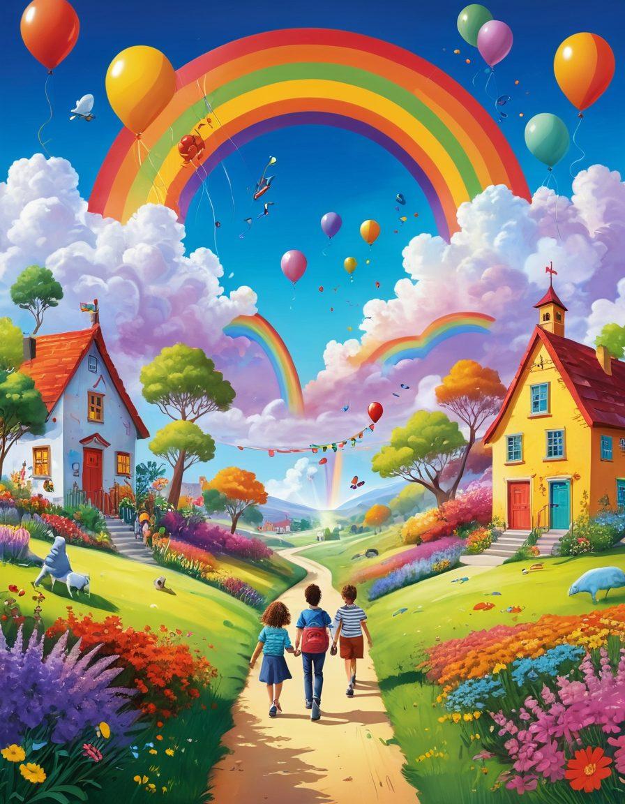 A vibrant and colorful landscape representing extreme joy, with a group of diverse people joyfully celebrating together under a rainbow sky. Include symbols of happiness like balloons, bright flowers, and playful animals. Elements like a path leading to a glowing door marked '8xy' suggest discovery and adventure. Emphasize a warm, inviting atmosphere full of positivity and excitement. whimsical art style. bright colors. wide-angle view.
