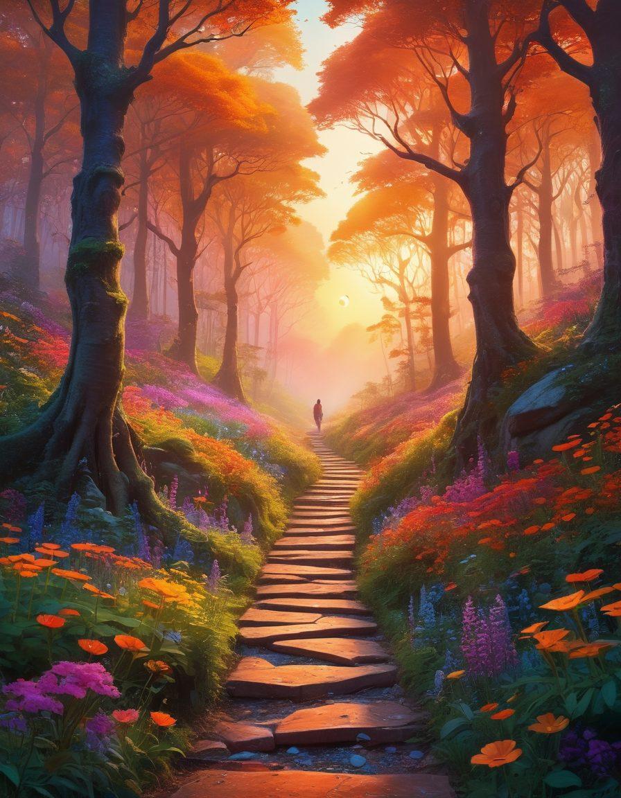 A vibrant, surreal landscape depicting a colorful pathway winding through a fantastical forest filled with whimsical creatures and glowing flowers, symbolizing joy and adventure. At the end of the path, a radiant sunrise showcases the 8xy experiences, with silhouettes of joyful people celebrating in the foreground. The overall atmosphere should evoke happiness, connection, and exploration. ultra-dreamy, vibrant colors, fantasy art.
